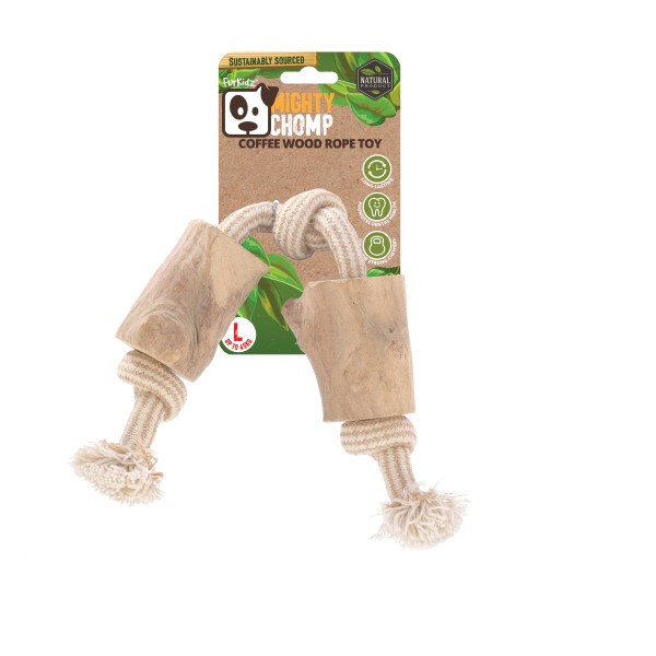 FurKidz Mighty Chomp Coffee Wood Rope Toy Large with natural wood and durable rope for dogs.