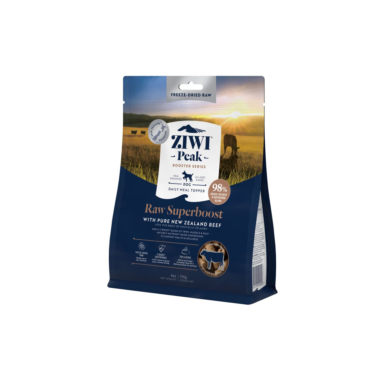 Ziwi Peak Freeze Dried Dog Superboost Beef 114g packaging featuring beef images and nutritional highlights.