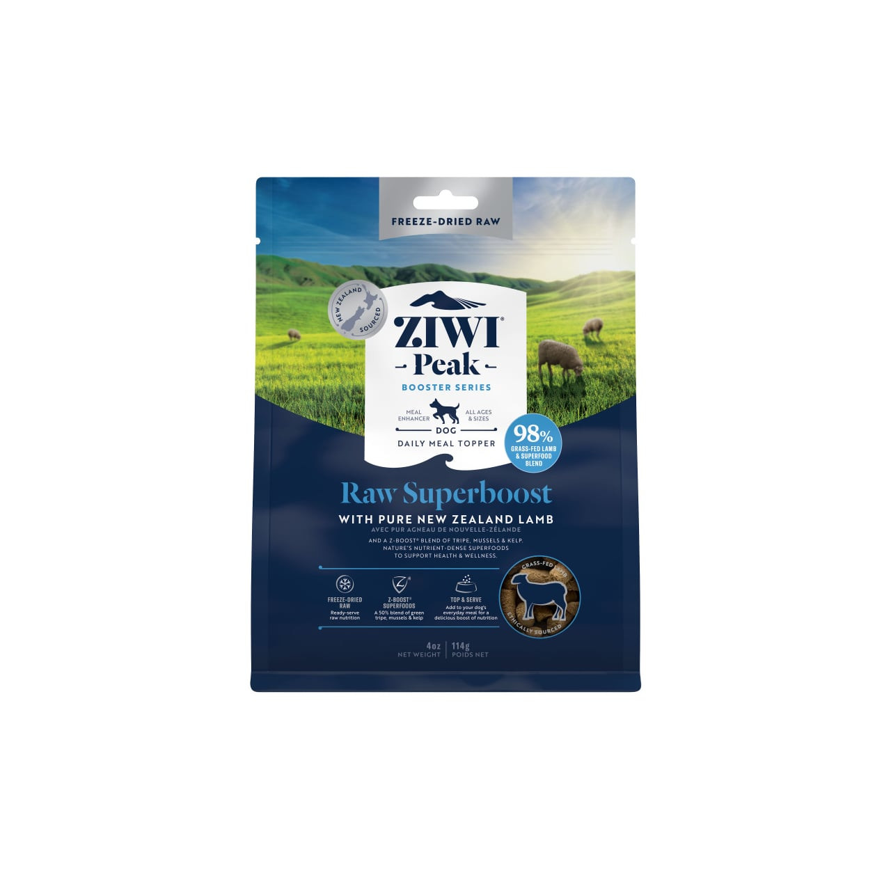 Ziwi Peak Freeze Dried Dog Superboost Lamb 114g packaging with a green landscape background.