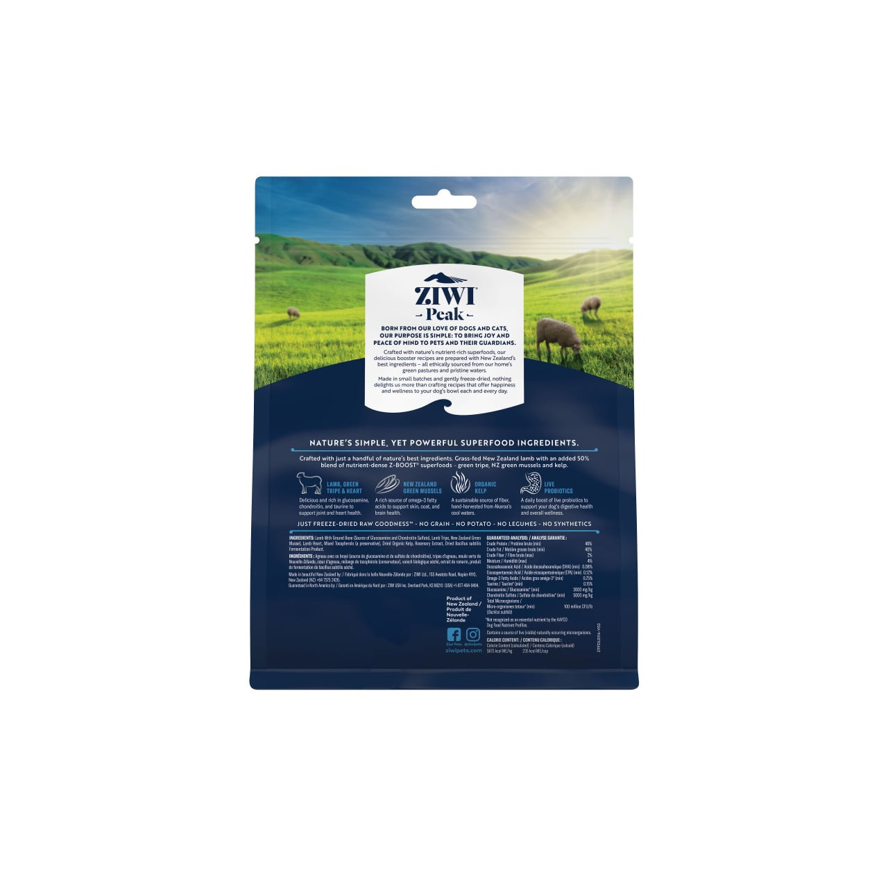 Ziwi Peak Freeze Dried Dog Superboost Lamb 114g packaging featuring scenic green hills and nutritional details.