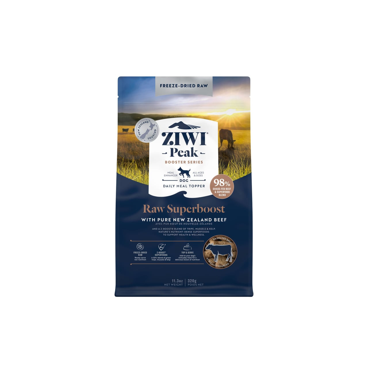 Ziwi Peak Freeze Dried Dog Superboost Beef 320g package featuring sunset background and nutrient-rich ingredients.
