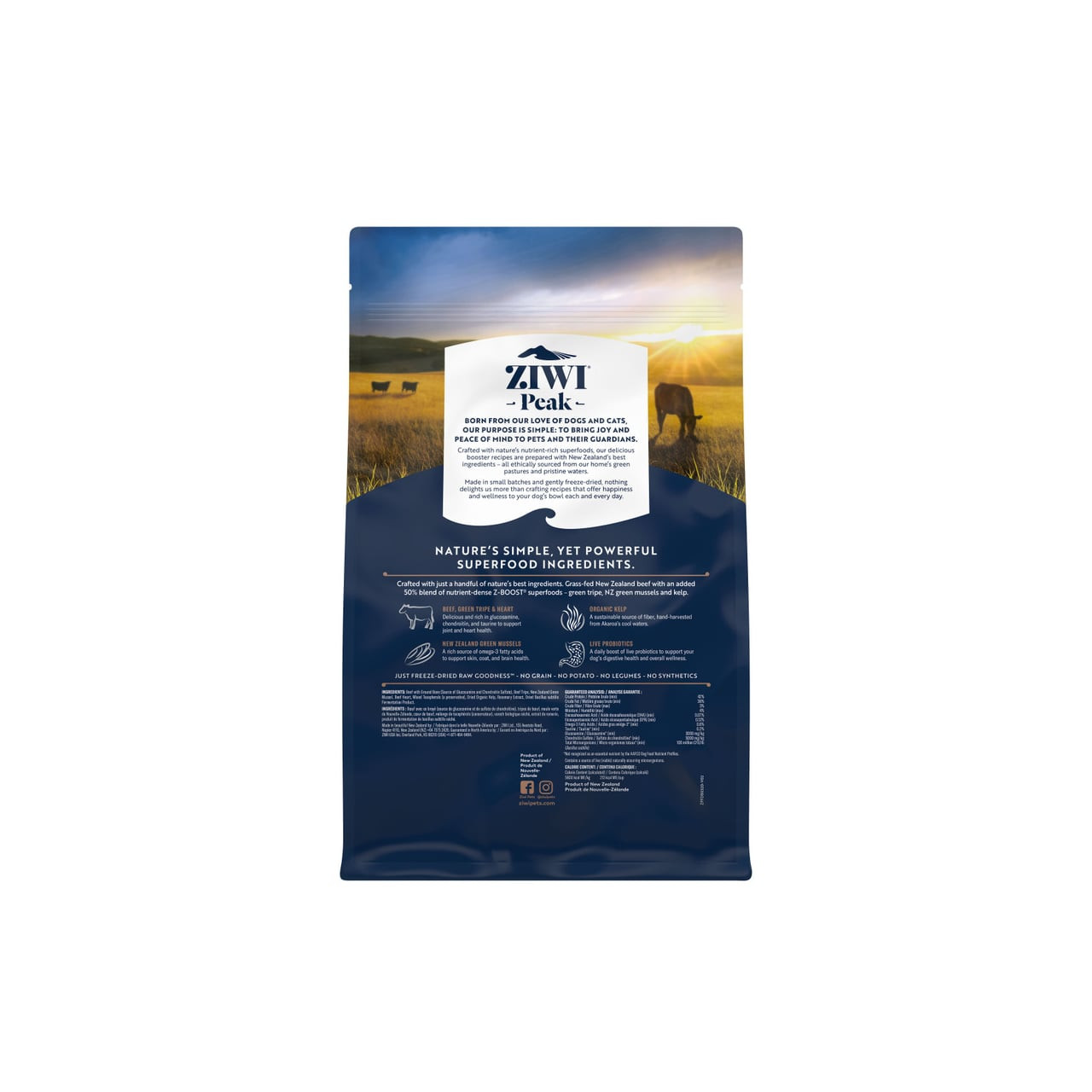 Ziwi Peak Freeze Dried Dog Superboost Beef 320g bag with natural landscape background.