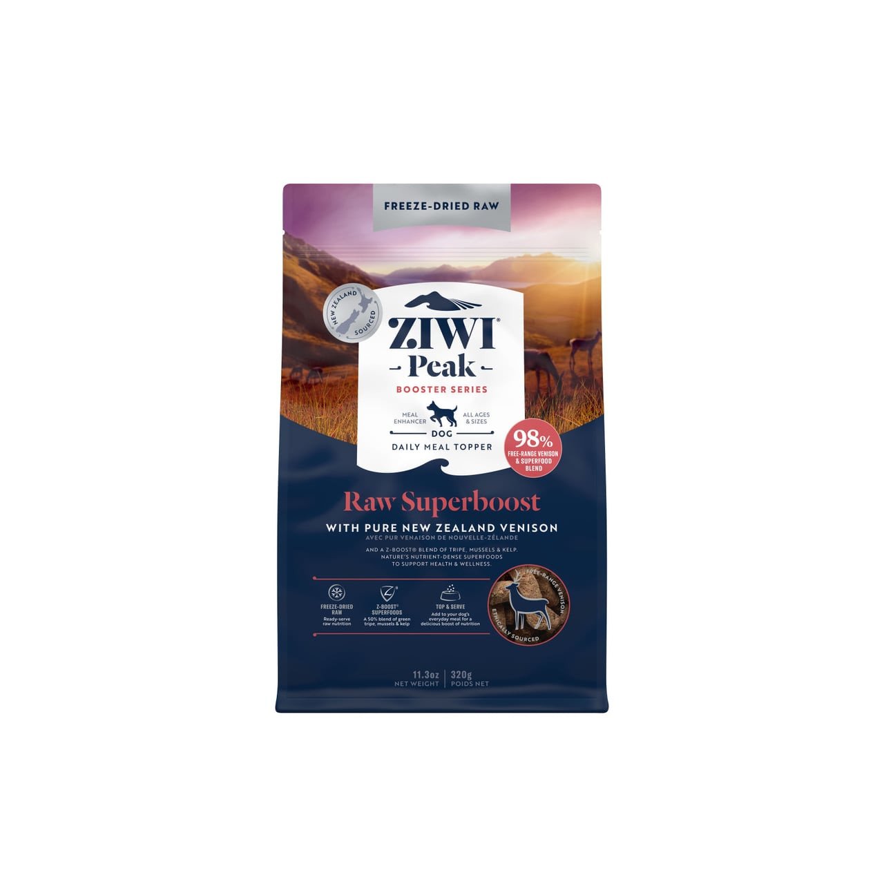 Ziwi Peak Freeze Dried Dog Superboost Venison 320g pack featuring a scenic landscape background.