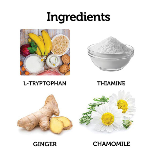 ThunderWunders Calming Chews for Dogs ingredients: L-Tryptophan, Thiamine, Ginger, and Chamomile.