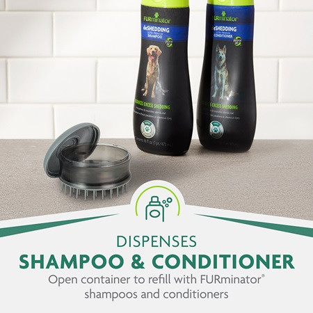 FURminator Bathing Brush for cats and dogs with refillable shampoo and conditioner dispensers.