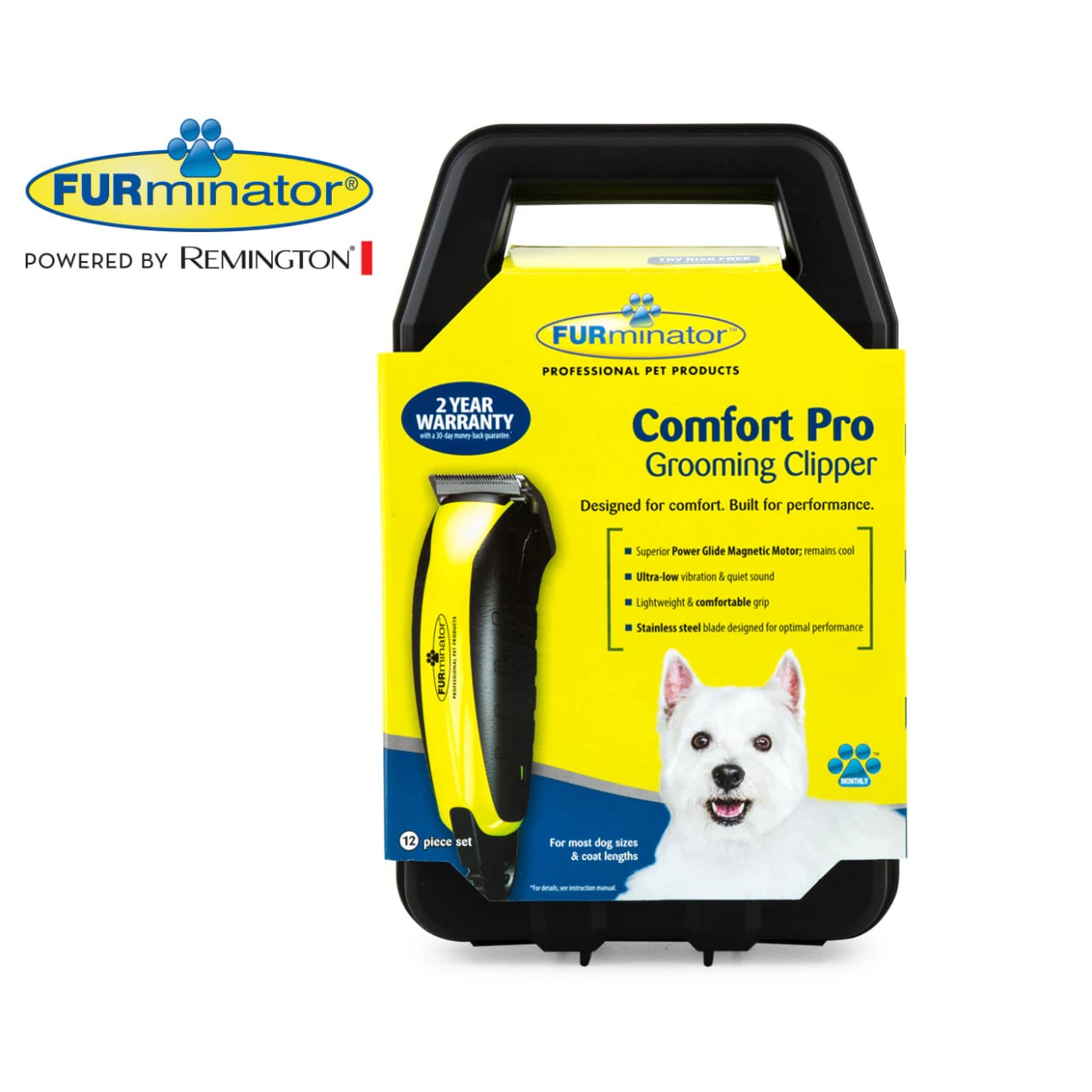 FURminator Comfort Pro Grooming Clipper in yellow packaging, designed for pet grooming efficiency.