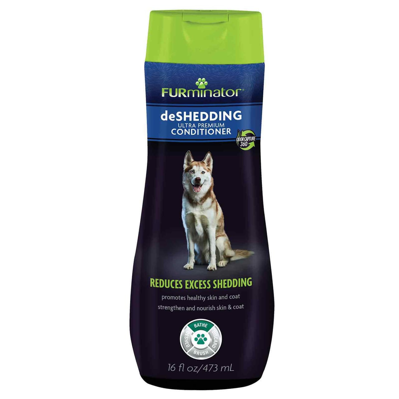 FURminator DeShedding Ultra Premium Conditioner for Dogs in a 473ml bottle, promoting healthy skin.