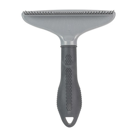 FURminator Grooming Rake for cats and dogs with ergonomic grip and sturdy metal teeth.