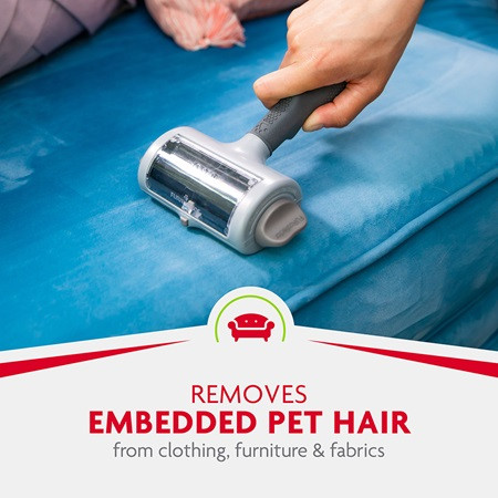 FURminator Hair Collection Tool removing embedded pet hair from furniture and fabrics.