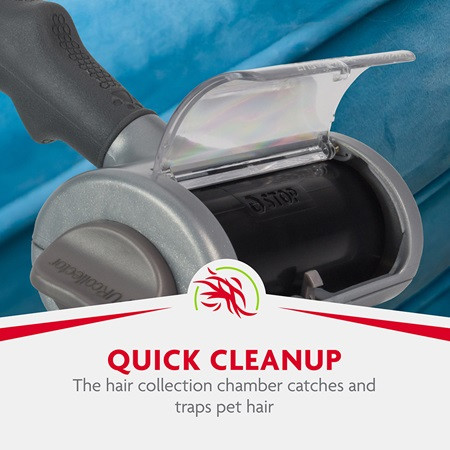 FURminator Hair Collection Tool with a clear chamber for easy pet hair cleanup.