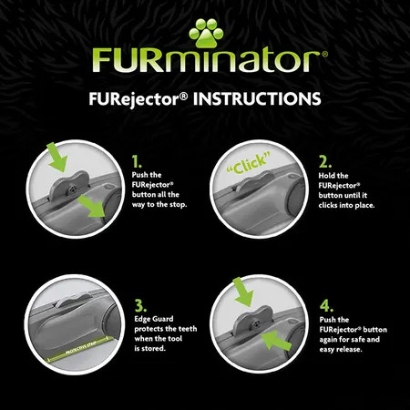 FURminator Short Hair Deshedding Tool instructions for large dogs, featuring easy push-click setup.