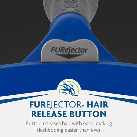 FURminator Short Hair Deshedding Tool featuring easy hair release button for large dogs.