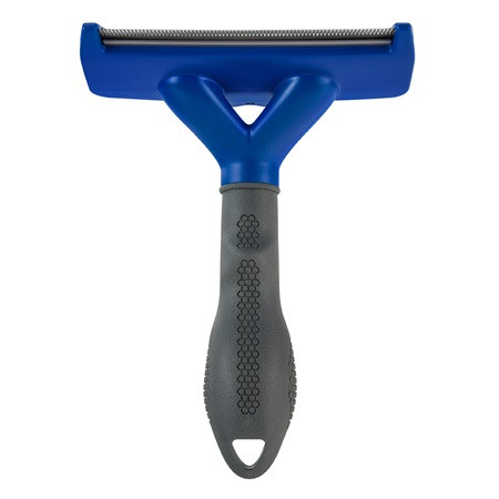 FURminator Long Hair Deshedding Tool with blue handle, ideal for large dog grooming.
