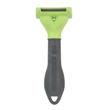 FURminator Short Hair Deshedding Tool featuring green and gray ergonomic handle for small dogs.