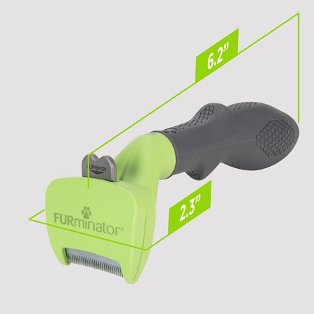 FURminator Short Hair Deshedding Tool for small dogs, ergonomic design with dimensions 6.2” x 2.3”.