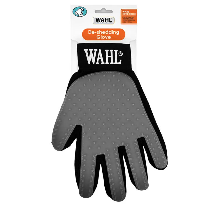 Wahl Grey De-Shedding Dog Glove with textured grip for easy grooming and shedding removal.