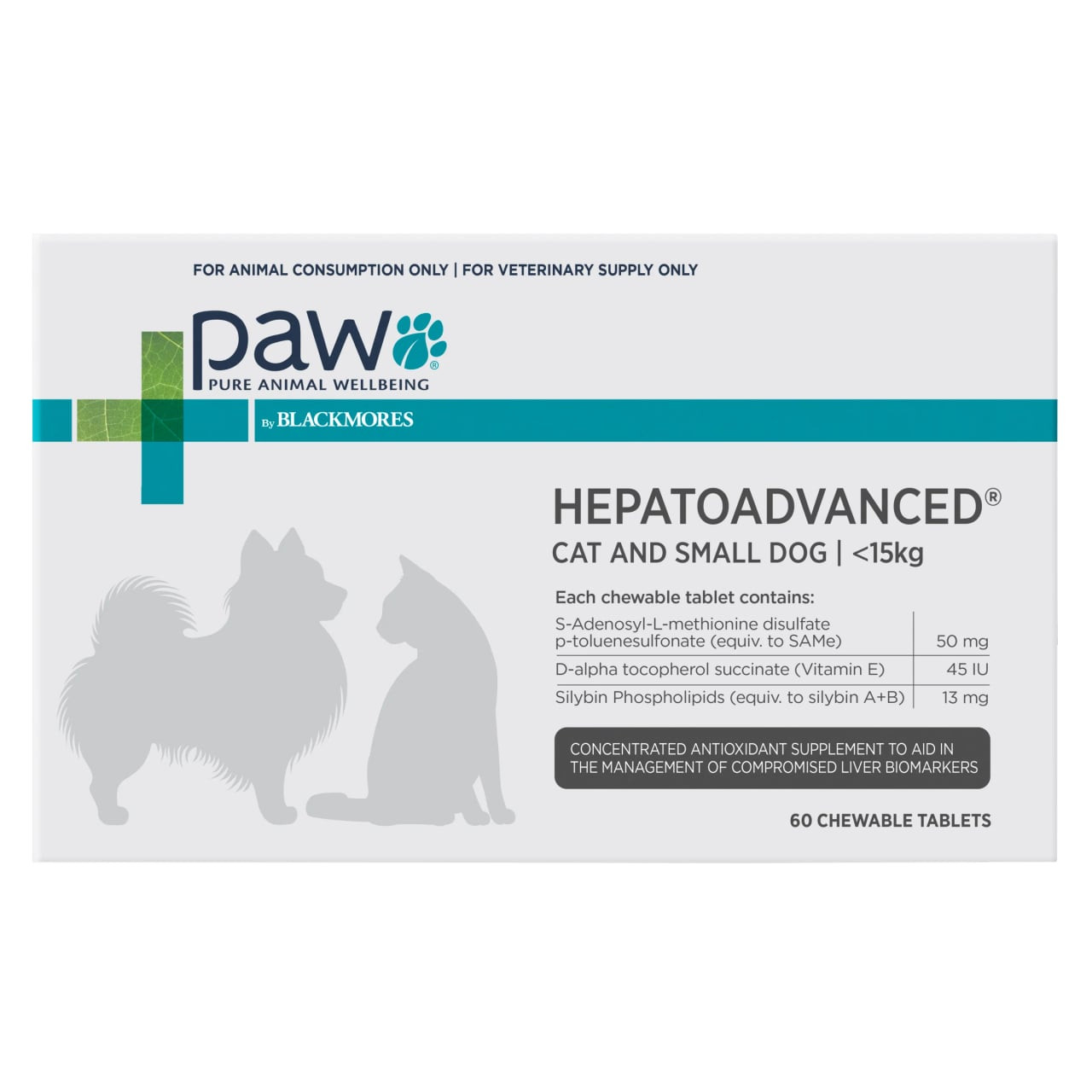 PAW Hepatoadvanced supplement for cats and small dogs under 15kg, 60 chewable tablets.