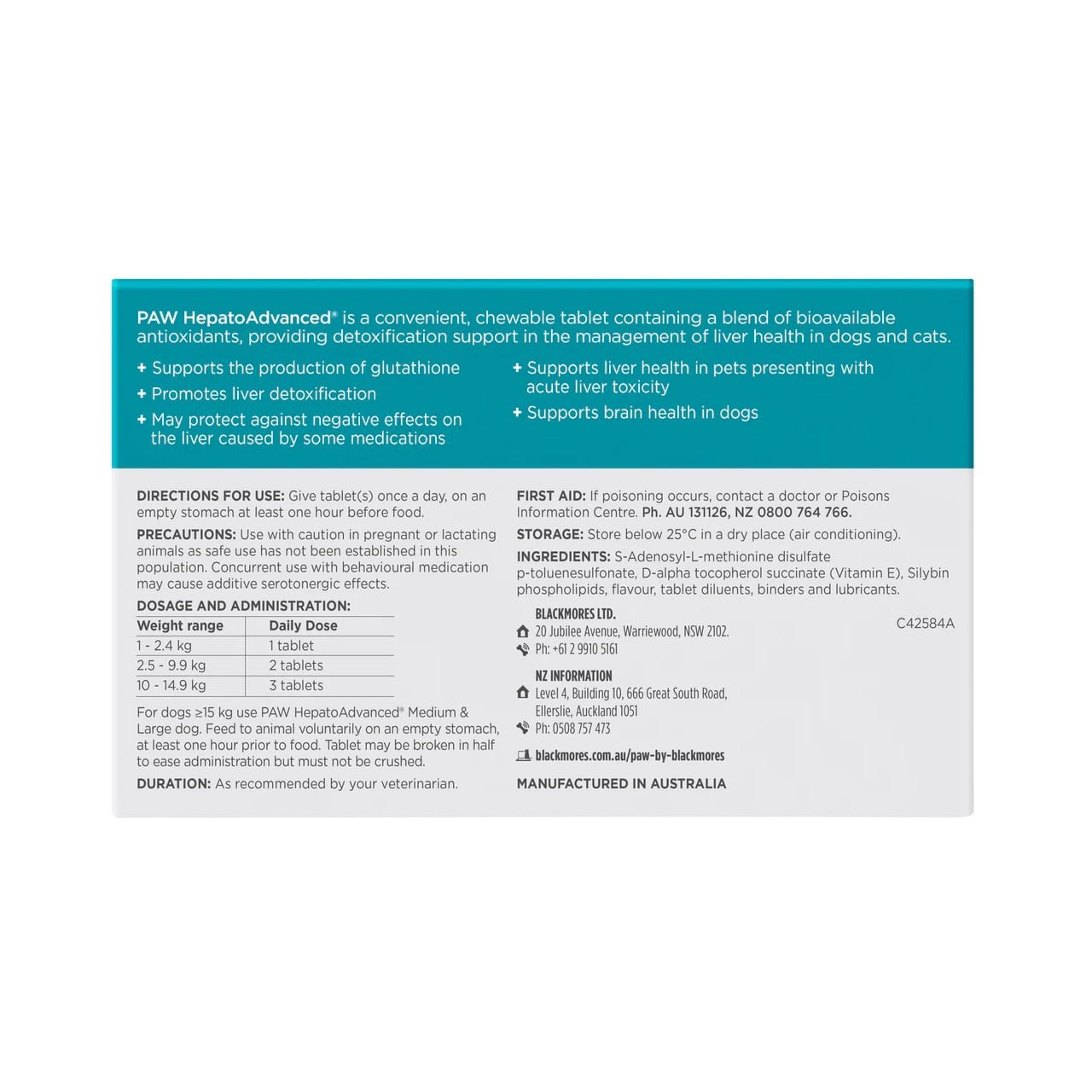 PAW Hepatoadvanced 60 tablets for cats and dogs under 15kg, supports liver health and detoxification.