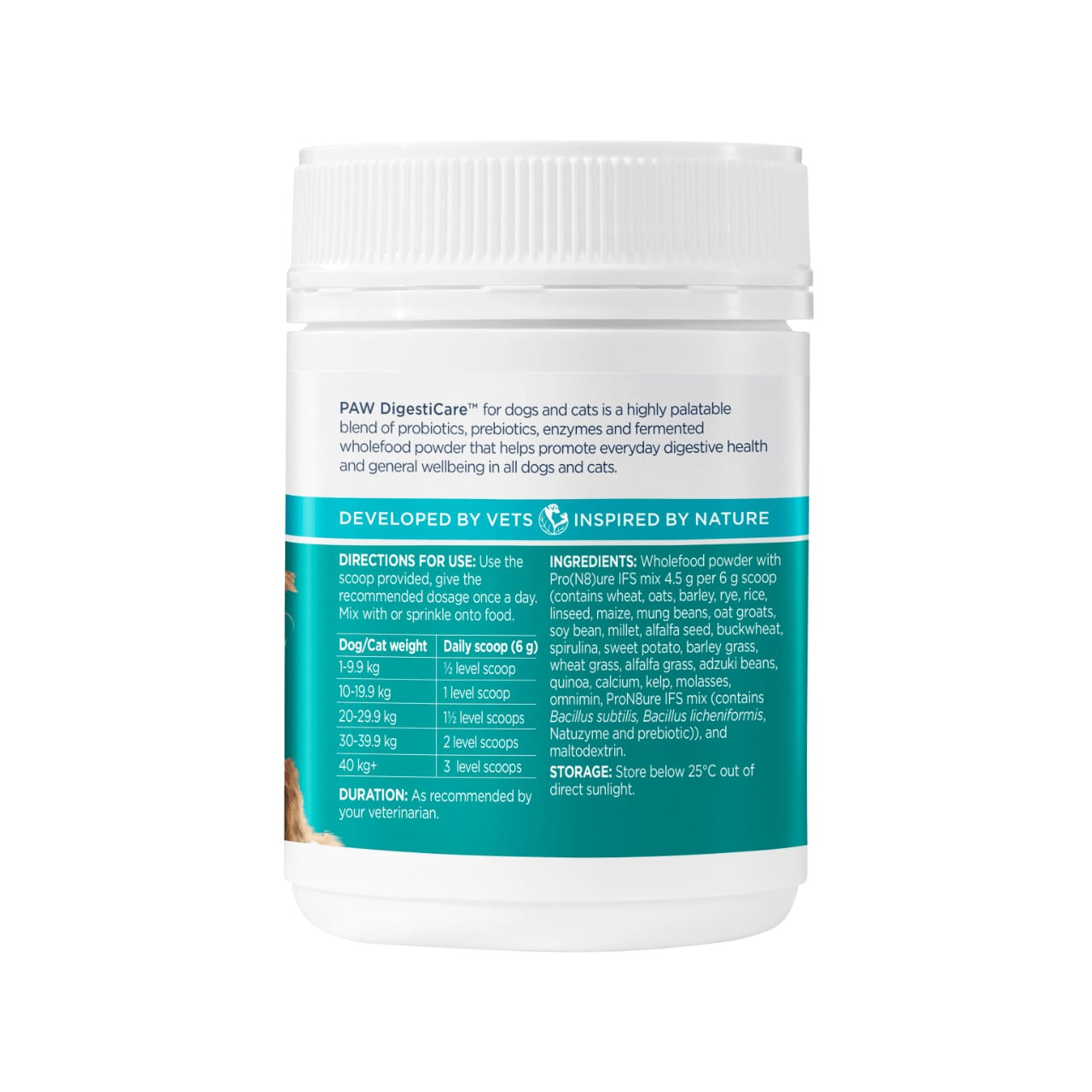 PAW DigestiCare probiotic container for dogs and cats, 143g, promoting pet digestive health.