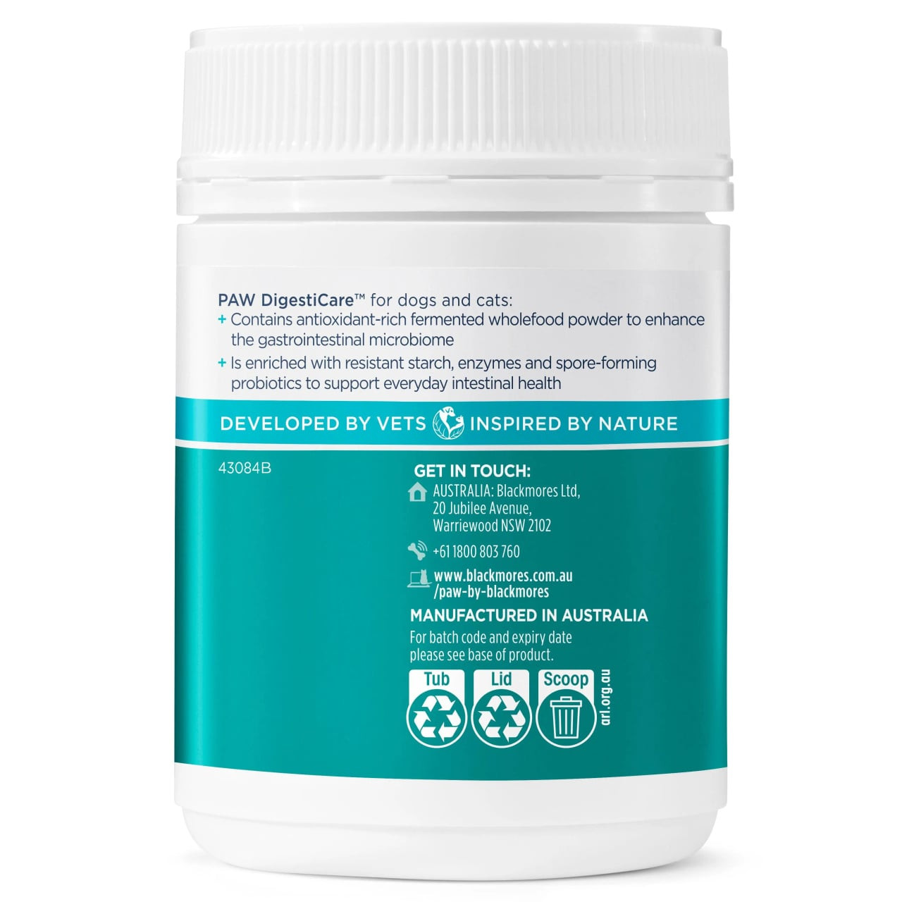 PAW DigestiCare Probiotic for Dogs & Cats, 143g tub with calming teal packaging.