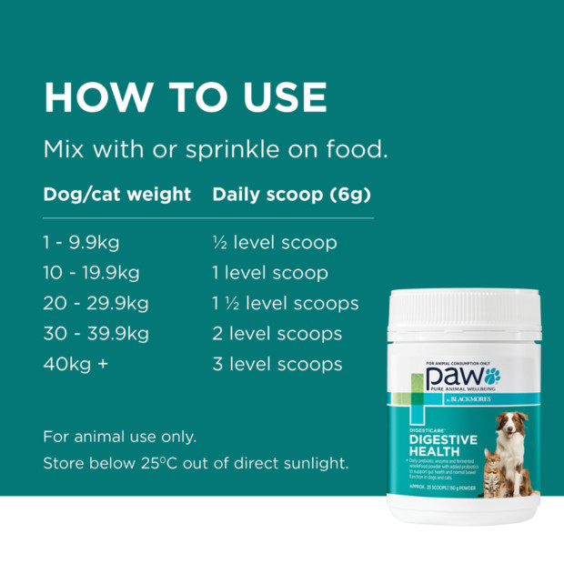 PAW DigestiCare Probiotic for Dogs & Cats, 143g, promoting digestive health and easy use.