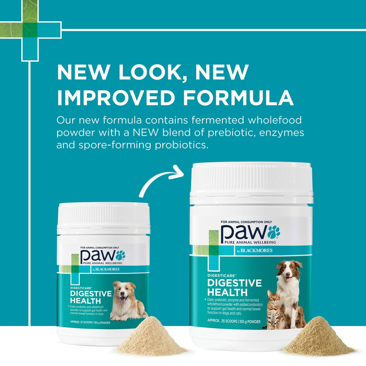 PAW DigestiCare Probiotic for Dogs & Cats, 143g, promotes digestive health with probiotics and enzymes.