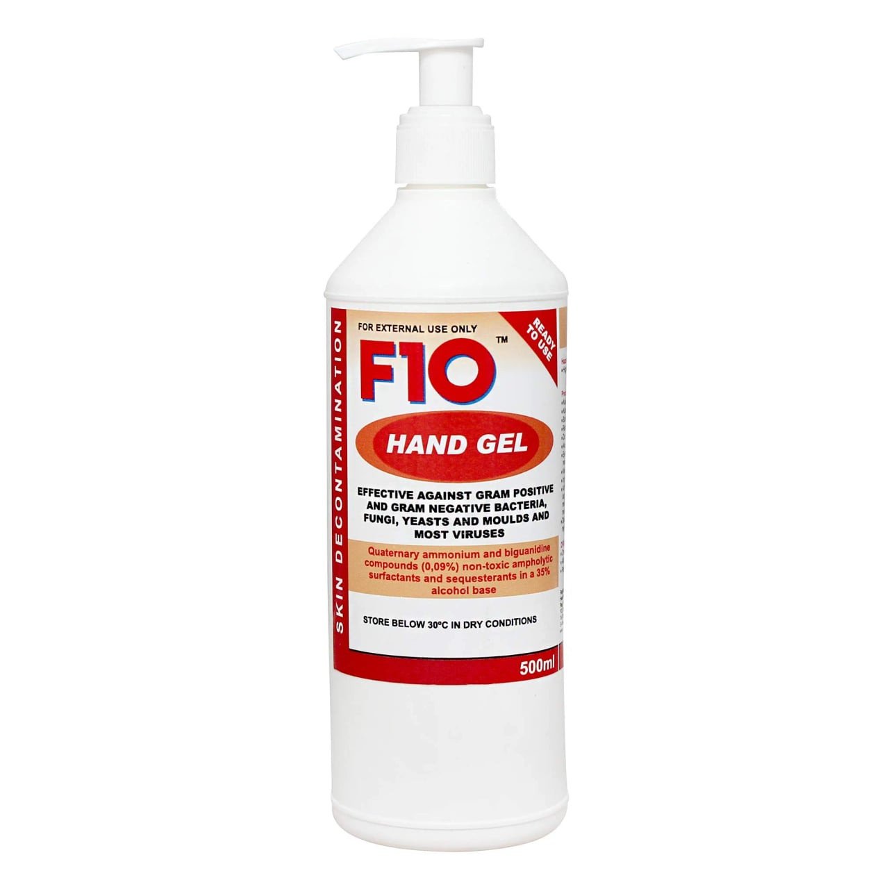 F10 Hand Gel Sanitiser 500ml, effective against bacteria, fungi, and viruses for pet health.