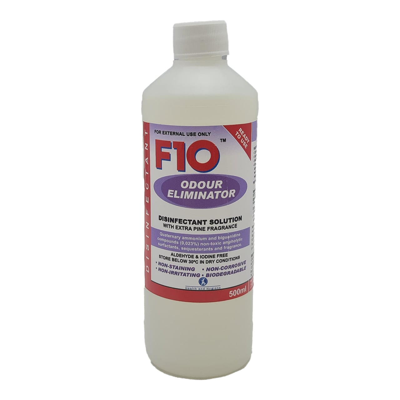 F10 Odour Eliminator 500ml bottle, featuring a disinfectant solution with extra pine fragrance.
