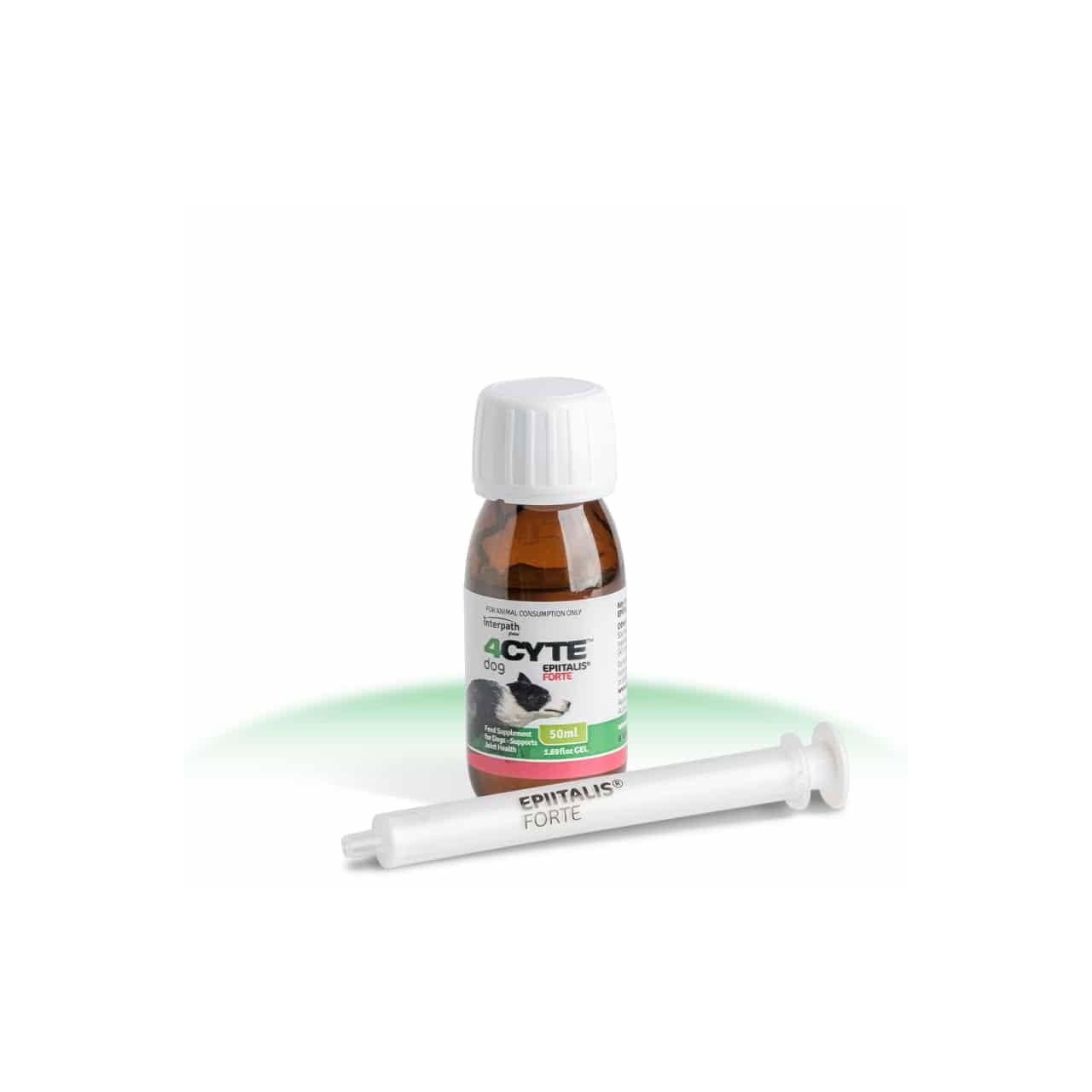 4CYTE Epiitalis Forte Joint Support Gel for Dogs, 50ml bottle and applicator syringe.