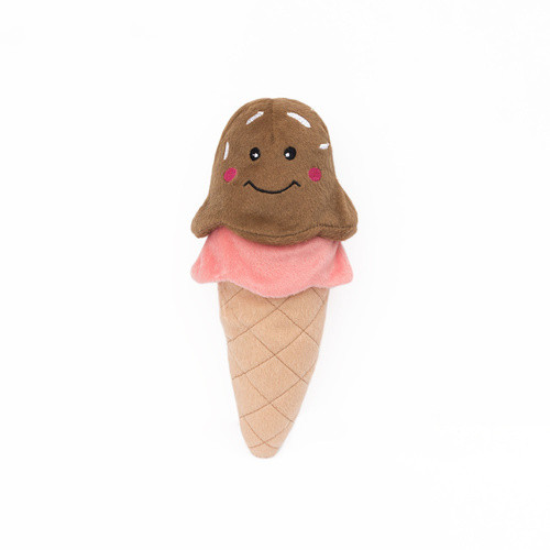 Zippy Paws NomNomz Ice Cream Squeaker Dog Toy in brown and pink colors.