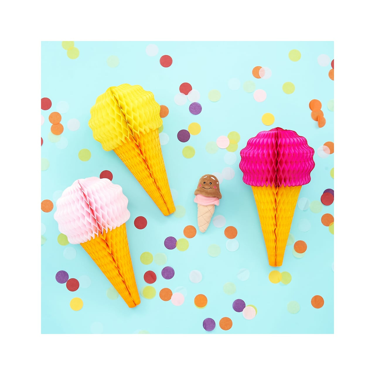 Zippy Paws NomNomz Ice Cream Squeaker Dog Toy in pink, yellow, and orange colors.