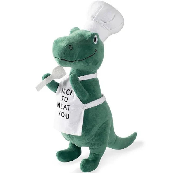 Fringe Studio BBQ Rex Chef plush dog toy with squeaker, wearing an apron and chef hat.