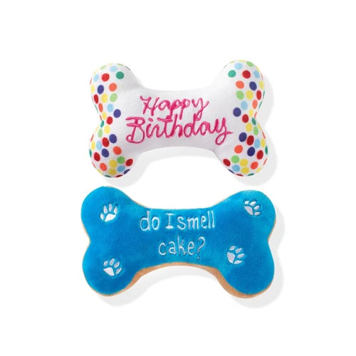 Fringe Studio Birthday Bone Cookies Plush Dog Toy set with colorful designs and fun phrases.