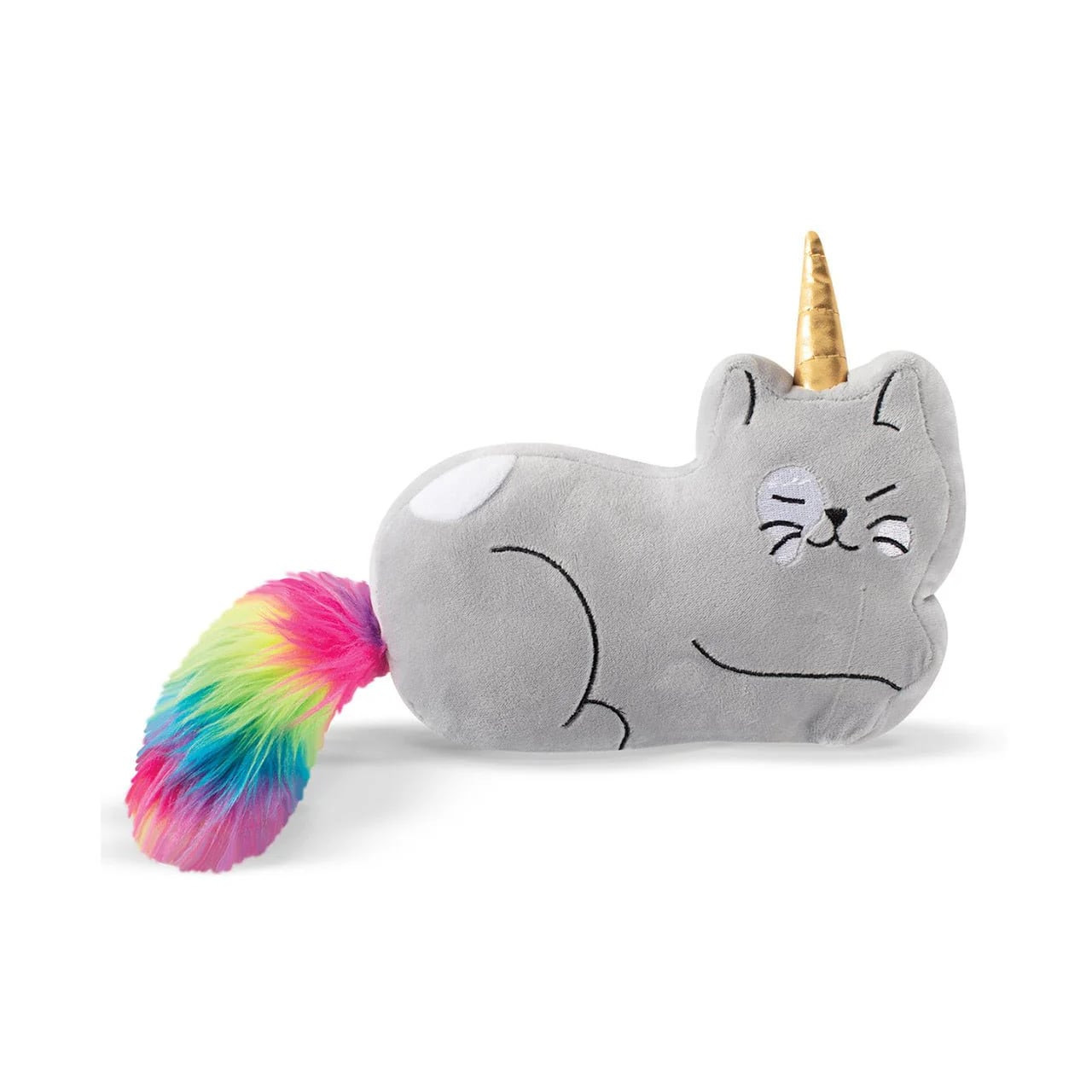 Fringe Studio Caticorn Plush Dog Toy in gray with colorful tail and gold horn.