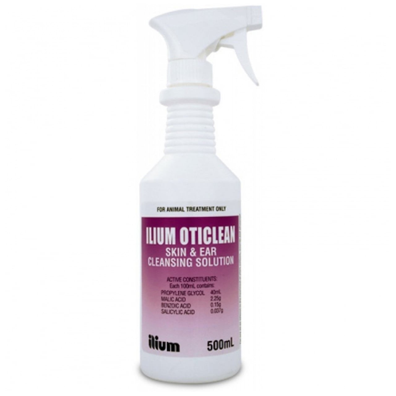 Ilium Oticlean Skin & Ear Cleaning Solution 500ml in a spray bottle for pet health.