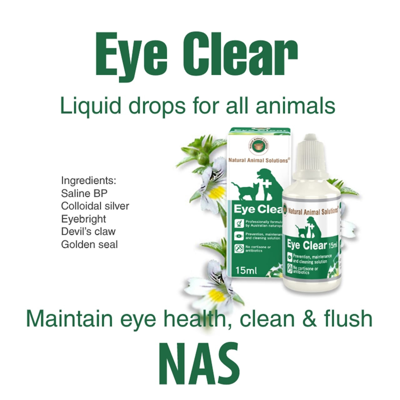 NAS Eye Clear 15ml liquid drops for pets, supports eye health and cleanliness.