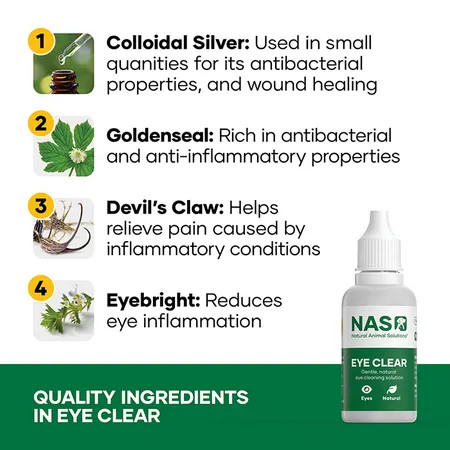 NAS Eye Clear 15ml with natural ingredients for pet eye health and inflammation relief.