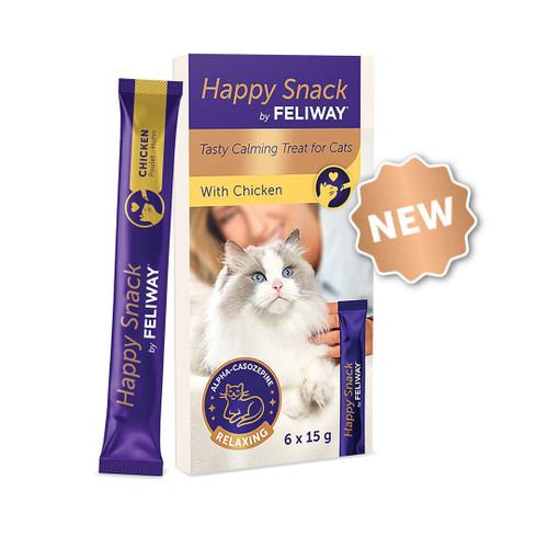 Feliway Happy Snack calming treats for cats, chicken flavor, 6-pack, promoting relaxation.