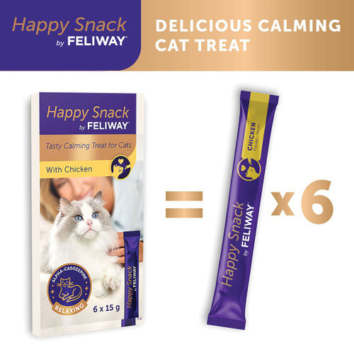 Feliway Happy Snack calming cat treat pack with chicken, includes six 15g pouches.