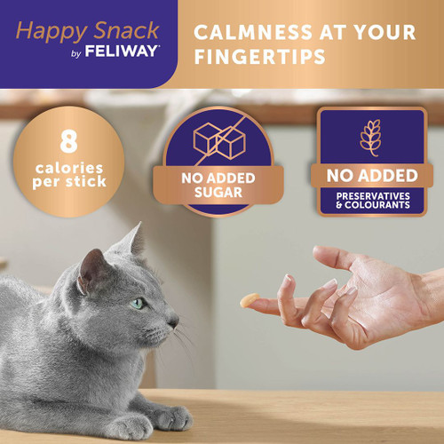Feliway Happy Snack calming treats for cats, 6-pack, promoting relaxation with no added sugar.