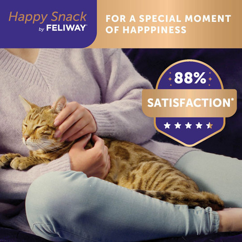 Feliway Happy Snack Calming Treats for Cats, 6-pack, promoting relaxation and satisfaction.