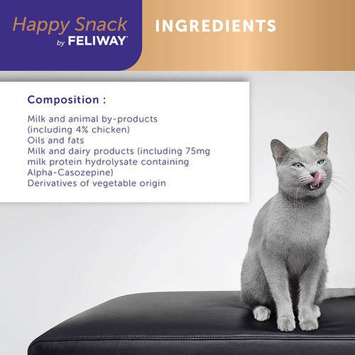 Feliway Happy Snack Calming Treats for Cats, 6-pack, with natural ingredients for pet relaxation.