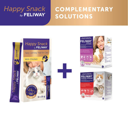 Feliway Happy Snack Calming Treat for Cats, 6-pack, chicken flavor for pet relaxation.