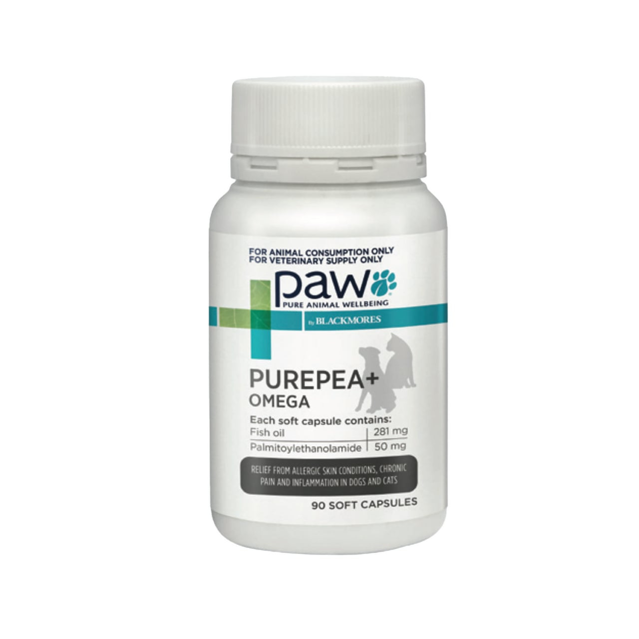 PAW PurePEA+ Omega for Dogs & Cats, 90 soft capsules, supports pet health and allergy relief.
