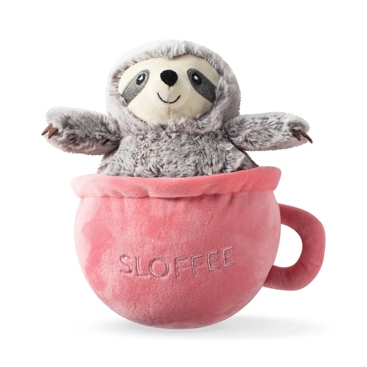 Fringe Studio Sloffee Plush Dog Toy featuring a sloth in a pink coffee cup design.