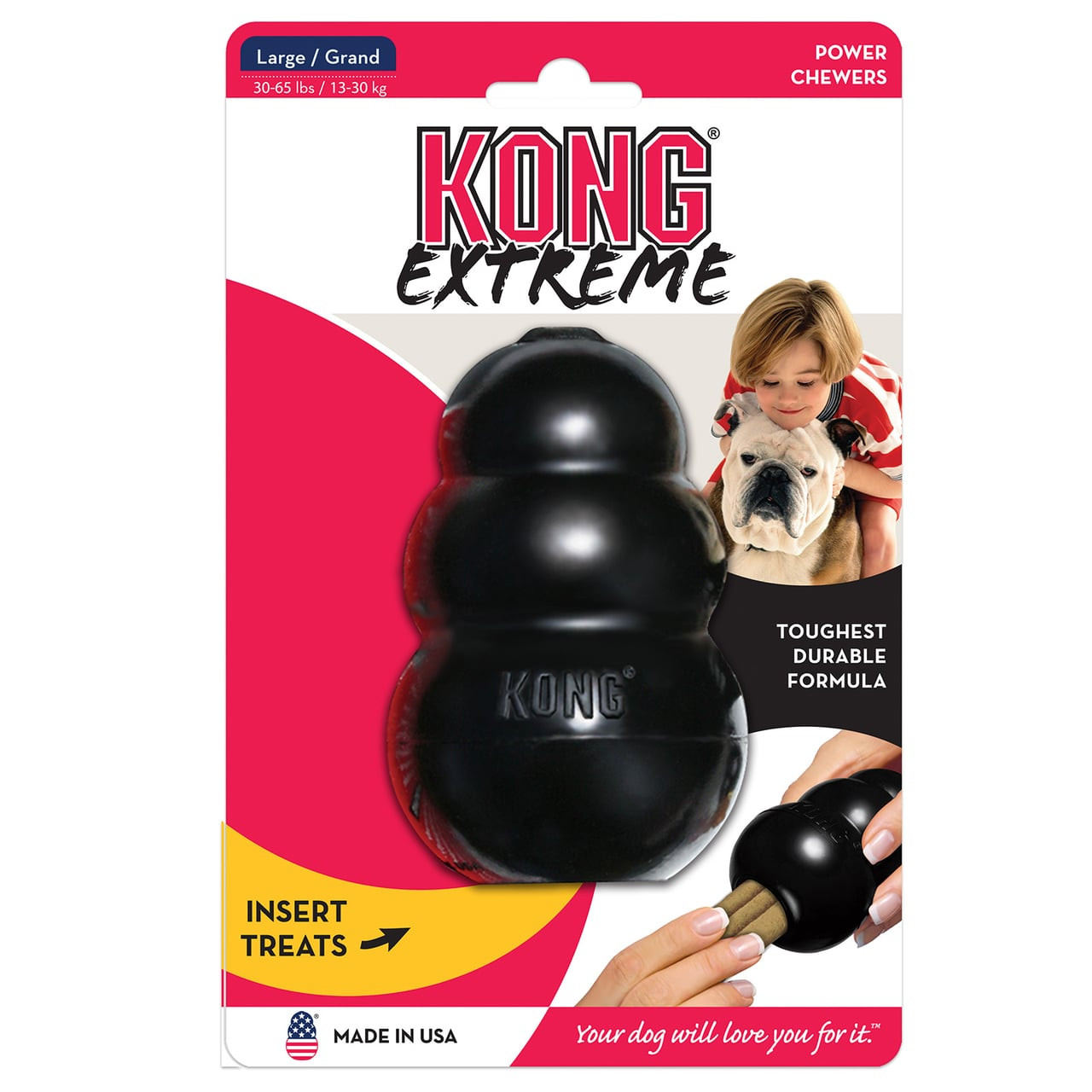 KONG Extreme Interactive Dog Toy in black, sized for large power chewers, ideal for treat insertion.