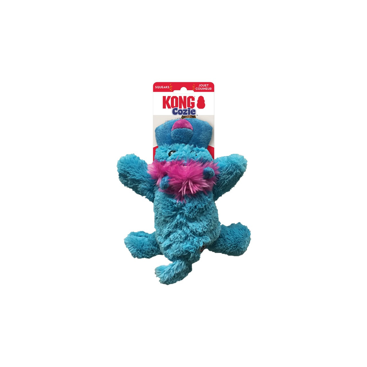 KONG Cozie King Lion Medium plush dog toy in vibrant blue with pink accents.