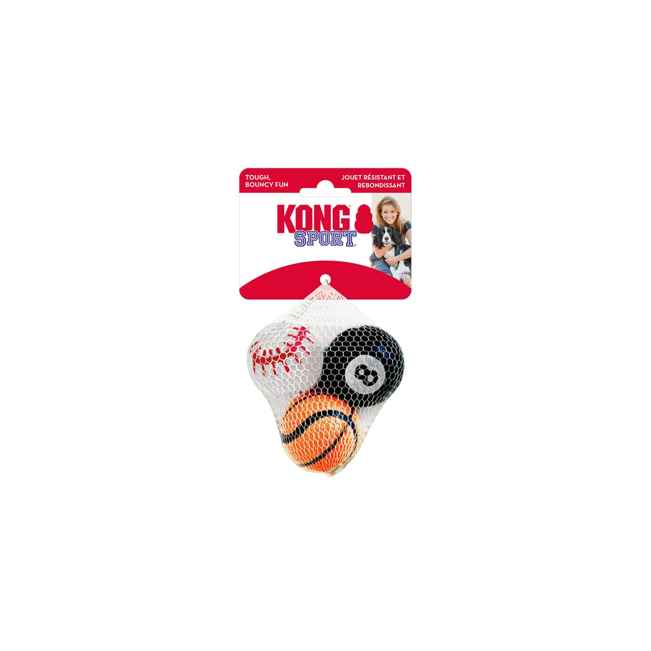 KONG Sport Balls Dog Toy 3 Pack with baseball, tennis ball, and soccer ball design.