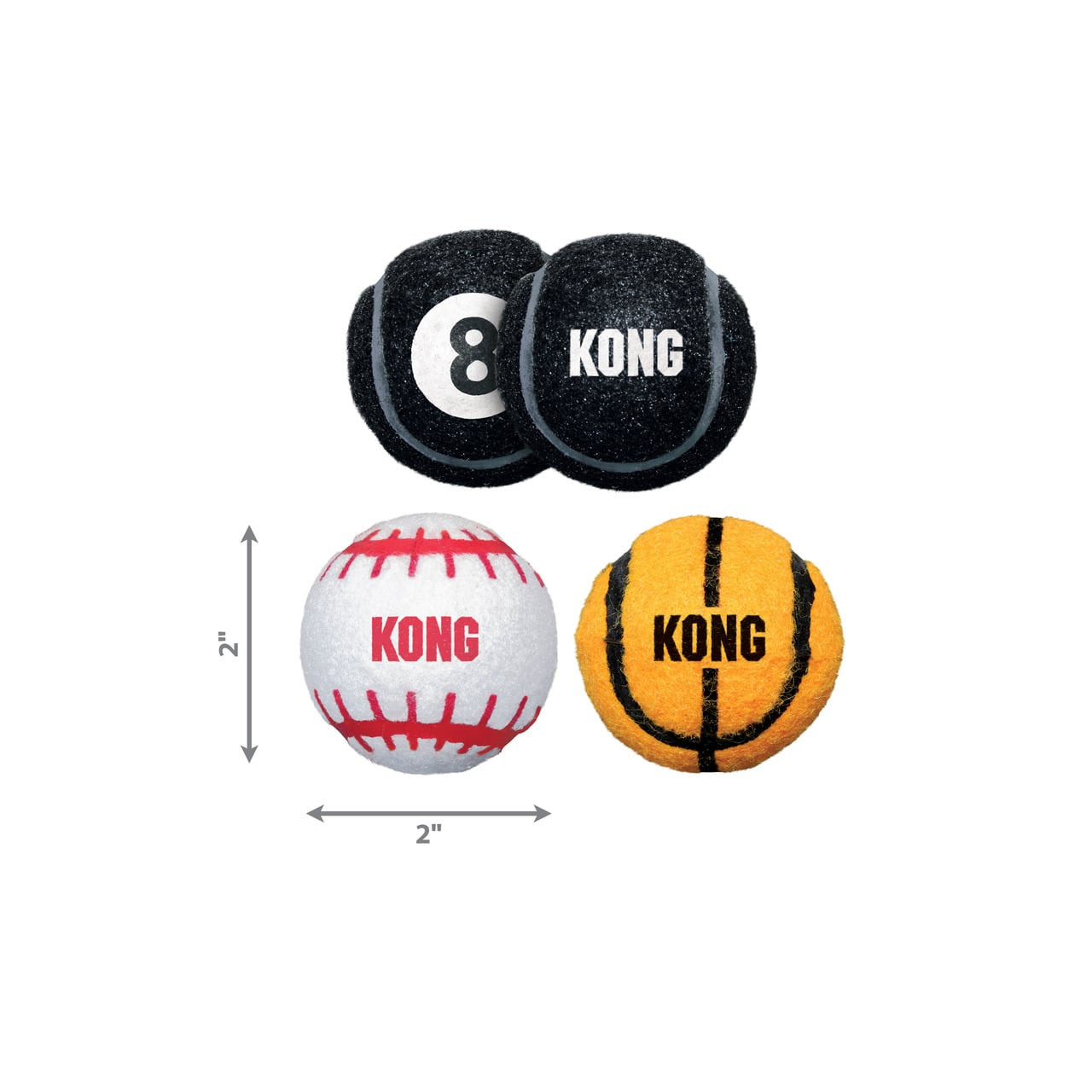 KONG Sport Balls Dog Toy 3 Pack includes baseball, basketball, and eight ball designs, 2 inches each.