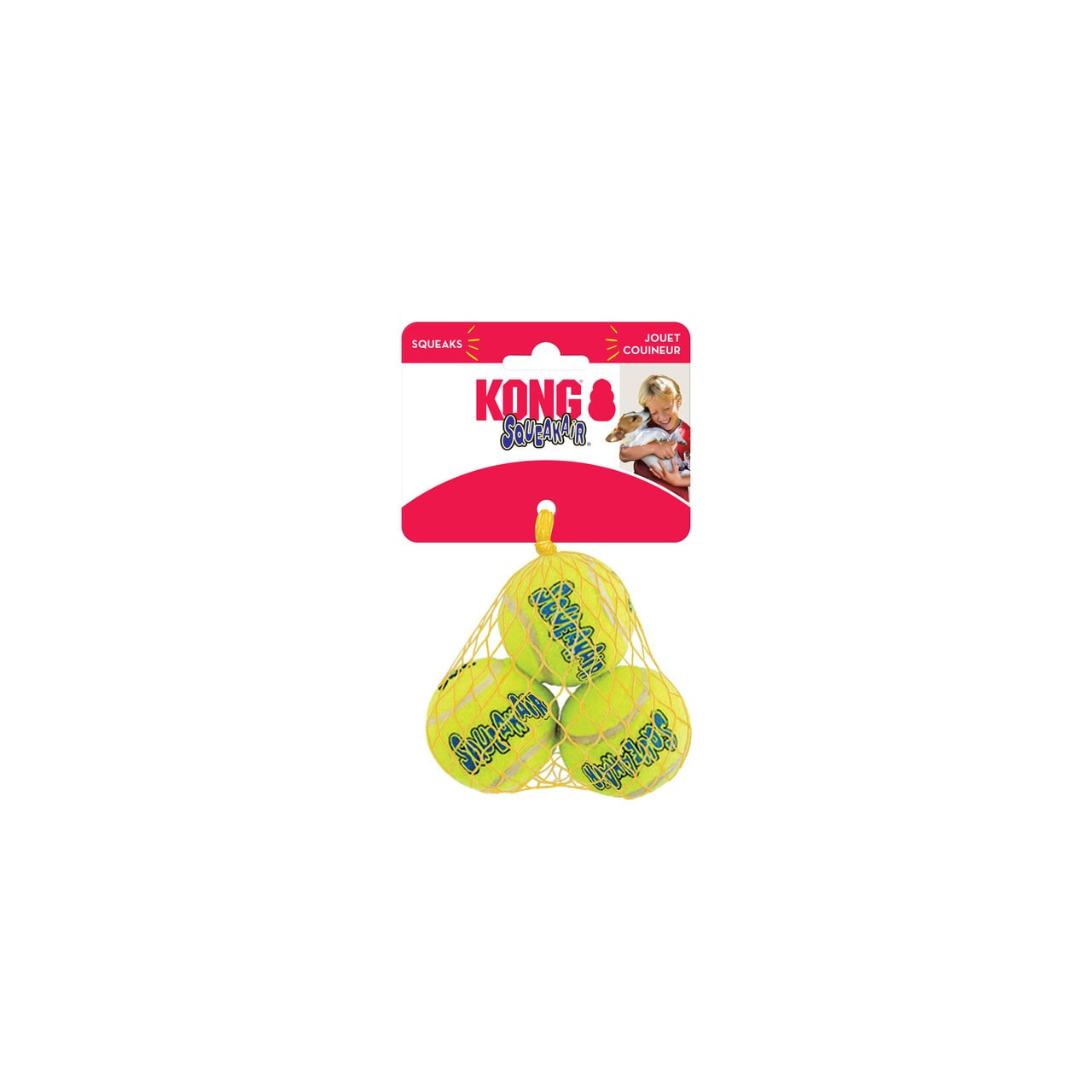 KONG AirDog Squeaker Balls pack includes three small, bright yellow squeaky tennis balls for dogs.